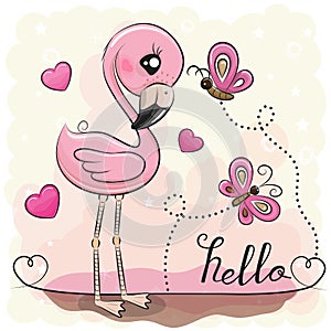 Cute Flamingo with hearts and butterflies