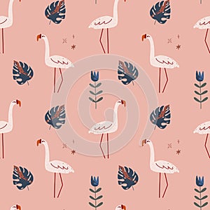 Cute flamingo seamless pattern for kids in vector. Girl summer party concept. Doodle cartoon style.