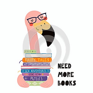 Cute flamingo with a stack of books