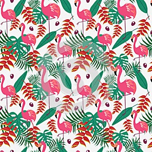 Cute flamingo and tropical flowers and leaves seamless pattern