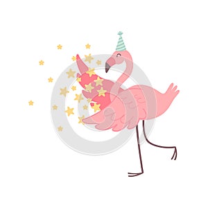 Cute Flamingo Wearing Party Hat with Stars, Beautiful Exotic Bird Character Vector Illustration