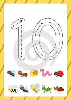 Cute flashcard how to write number 10. Worksheet for kids.