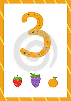 Cute flashcard how to write number three. Worksheet for kids.