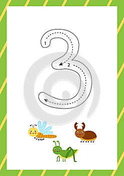Cute flashcard how to write number 3. Worksheet for kids.