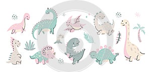Cute flat cartoon dinosaur. Set dinosaurs herbivorous, babies dino and nature elements. Volcano, palm tree and photo