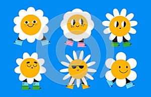 Cute flat daisy character set, fun camomile decorative design with legs. Pretty flower baby for print design