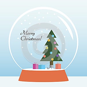 Cute flat design merry christmas greeting card with christmas tree and presents inside snowglobe