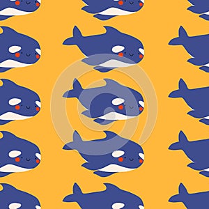 Cute flat killer whale seamless pattern. Adorable little cartoon orca vector illustration. Childish ornament for textile, fabric,