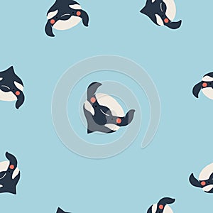 Cute flat killer whale seamless pattern. Adorable little cartoon orca vector illustration. Childish ornament for textile, fabric,