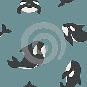 Cute flat killer whale seamless pattern. Adorable little cartoon orca vector illustration. Childish ornament for textile, fabric,