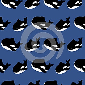 Cute flat killer whale seamless pattern. Adorable little cartoon orca vector illustration. Childish ornament for textile, fabric,