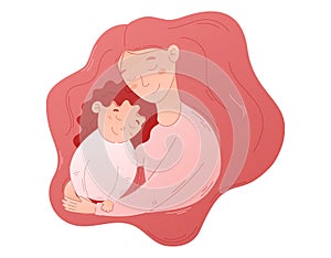 Cute flat portrait of Hugging Mother and Daughter. Vector cartoon illustration of a happy Parent with a Child. Maternal Love and