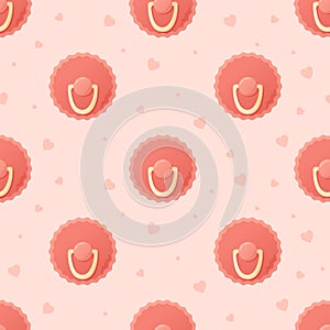 Cute flat red baby girl pacifier. Vector cartoon seamless pattern.