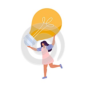 Cute flat woman holding bulb over her head. She has cool idea. Vector people have business idea or something. The