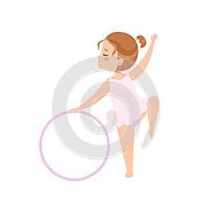 Cute Flexible Little Ballerina Doing Exercise with Hoop, Girl Gymnast Character Training Vector Illustration