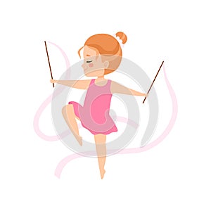 Cute Flexible Little Ballerina Doing Exercise with Ribbons, Girl Gymnast Character Training Vector Illustration