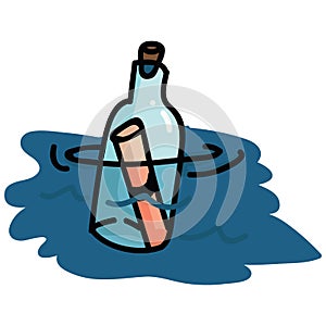Cute floating message in a bottle cartoon vector illustration motif set. Hand drawn isolated castaway note elements clipart for