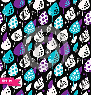 Cute floral background. Colorful seamless pattern with decorative leaves.