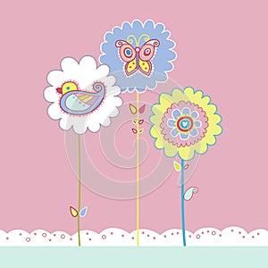 Cute Floral Design with Bird and Butterfly