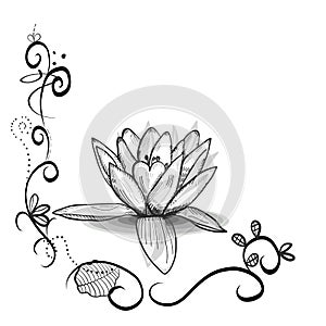 Cute floral frame with Lotus flower. Tattoo design. Black white flowers