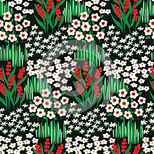 Cute floral landscape print. Seamless pattern with flower meadow. Vector