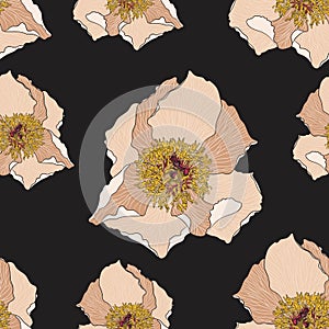 Cute floral pattern with beige peony flower. Seamless vector texture. Elegant template for fashion prints.