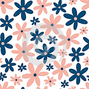 Cute floral pattern with blue and pink hand drawn flowers isolated on white background. Scandinavian style vector illustration