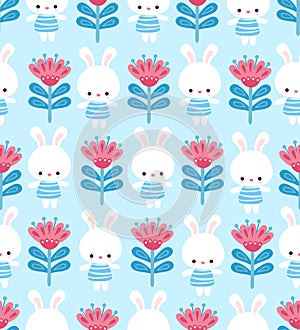 Cute floral pattern with a hare on a blue background. Vector seamless illustration with animal