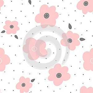 Cute floral seamless pattern. Abstract flowers with leaves and polka dots.