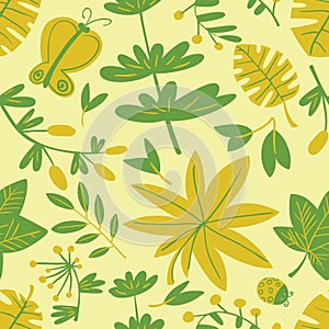 Cute floral seamless pattern. Background with leaves and plants and butterflies