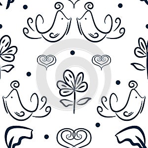 Cute floral seamless pattern with birds, flowers and hearts drawn by hand. Sketch, doodle.