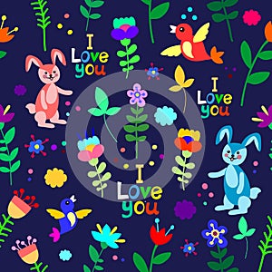 Cute floral seamless pattern with bunnies, birds and flowers