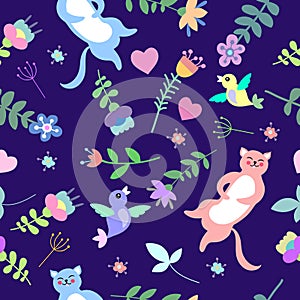 Cute floral seamless pattern with cats, birds and flowers