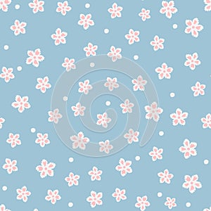 Cute floral seamless pattern. Chaotically placed single abstract flowers and dots.