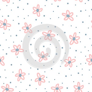 Cute floral seamless pattern for children. Repeated flowers drawn by hand with rough brush and polka dot.