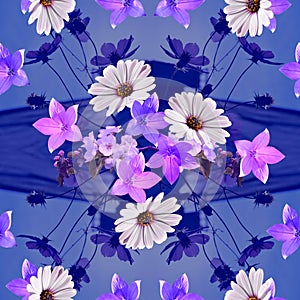 Cute floral seamless pattern. Daisy, platycodon and apple flowers on beautiful blue background with cosmos flowers