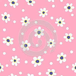 Cute floral seamless pattern. Girlish print with flowers and round spots.