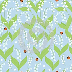 Cute Floral seamless pattern with May lilies of the valley and ladybugs on light blue background. Vector illustration