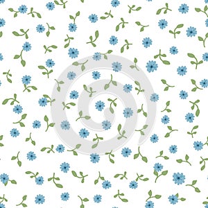 Cute floral seamless pattern. Repeated small blue flowers and green leaves on white background.