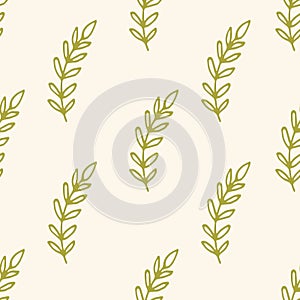Cute floral seamless pattern with thin line green doodle branches and leaves on beige