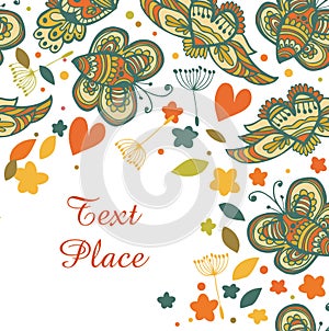 Cute floral template for design. Original card with place for your text. banner with butterflies and fly hearts