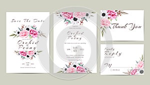 Cute Floral Wedding Invitation Set of Watercolor Flowers and Wild Leaves