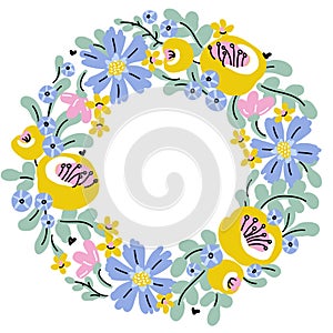 Cute floral wreath of pastel colored flowers. Vector illustration of blooming plants for greeting card or poster design