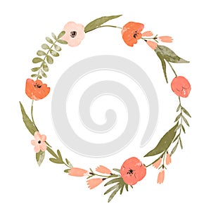 Cute floral wreath, round frame. Vintage flowers template. Botanical greeting card