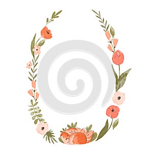 Cute floral wreath, round frame. Vintage flowers template. Botanical greeting card