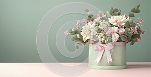 cute flower gift box with a bow with brassica,trachelium,dianthus,eucalyptus,lisianthus,sedum,dahlia,green background,copy space,