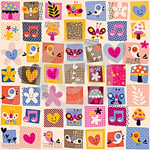 Cute flowers, birds & hearts pattern