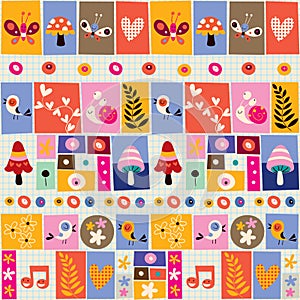 Cute flowers, birds, mushrooms & snails collage pattern