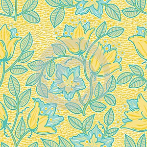 Cute flowers seamless pattern. Grunge texture, embroidered background. Print for textiles, packaging. Vector illustration