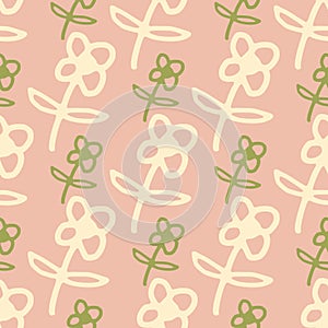 Cute flowers seamless pattern on warm pink background. Simple style. Doodle floral wallpaper